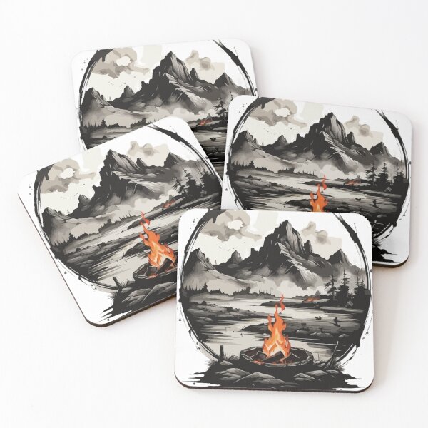 Item preview, Simple, simple ink painting, black ink painting, logo style, a breathtaking landscape with a campfire in the Wild designed and sold by Mygifts93.