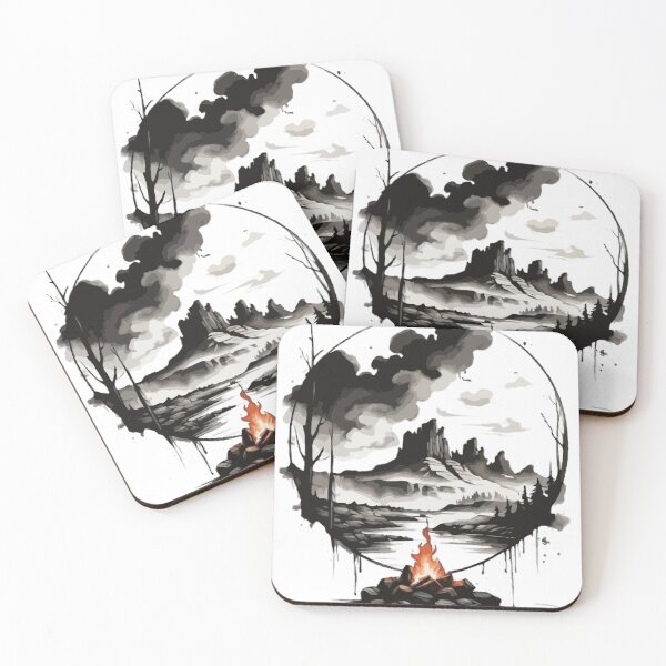 Item preview, Simple, simple ink painting, black ink painting, logo style, a breathtaking landscape with a campfire in the Wild designed and sold by Mygifts93.