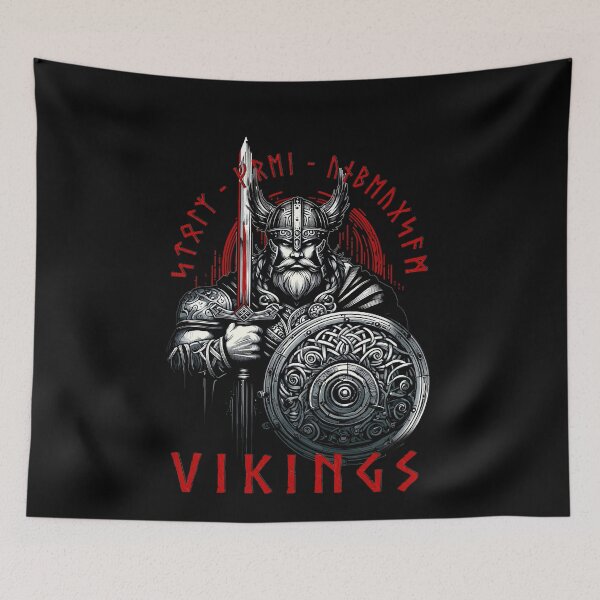 Item preview, Valhalla Viking Teuton with sword, shield and runes designed and sold by posterflunz.