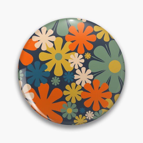 Item preview, Retro Flowers 60s 70s Aesthetic Floral Pattern in Blue Mustard Orange Eucalyptus designed and sold by kierkegaard.