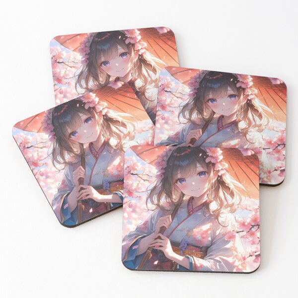 Item preview, Anime girl in kimono surrounded by cherry blossoms designed and sold by sereneprint.