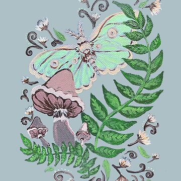 Artwork thumbnail, Morning Garden Scene with Luna Moth and Mushrooms by Bekah Grace