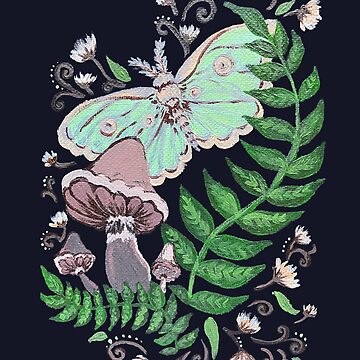 Artwork thumbnail, Evening Garden Scene with Luna Moth and Mushrooms by Bekah Grace