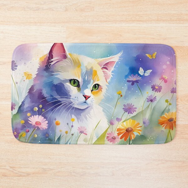 Item preview, Wistful Watercolor Style White Kitty with wildflowers  designed and sold by FloatingGardens.