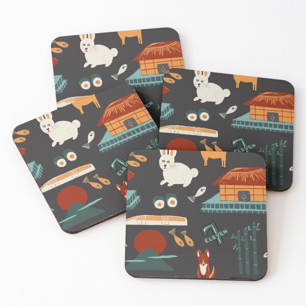 Item preview, Traveling through Japan, rabbits, torii gates, sushi, fish, deer, temples, octopus, 7-11 shops, lucky cats, bullet train in red, orange and greens on charcoal  designed and sold by katerosestudios.