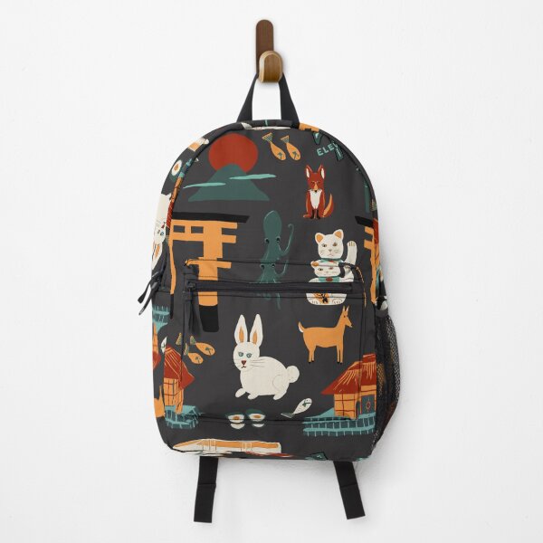 Item preview, Traveling through Japan, rabbits, torii gates, sushi, fish, deer, temples, octopus, 7-11 shops, lucky cats, bullet train in red, orange and greens on charcoal designed and sold by katerosestudios.