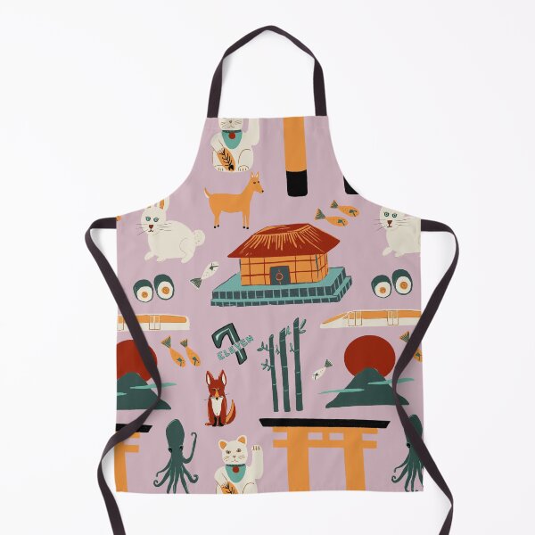 Item preview, Traveling through Japan, rabbits, torii gates, sushi, fish, deer, temples, octopus, 7-11 shops, lucky cats, bullet train in red, orange and greens on lilac designed and sold by katerosestudios.