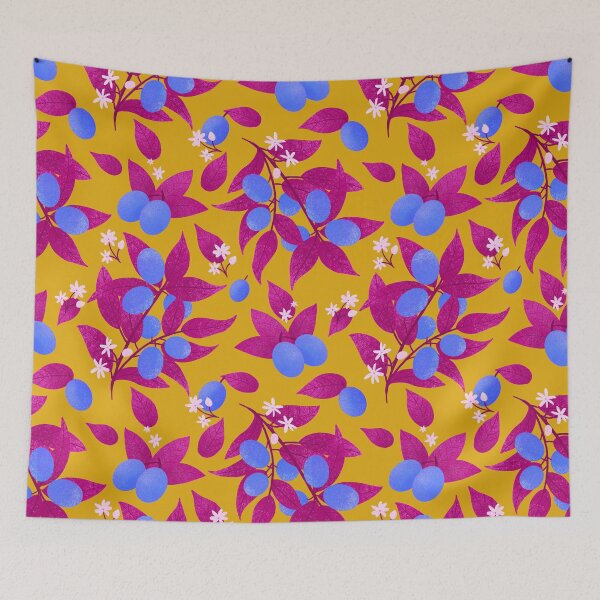 Item preview, Blue kumquats and magenta pink leaves pattern designed and sold by Home Cyn Home.