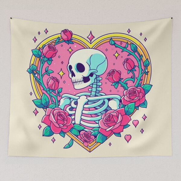 Item preview, Cartoon Skeleton Pink Red Roses Hearts Rose Drawing  designed and sold by CoffeeIsATrip.