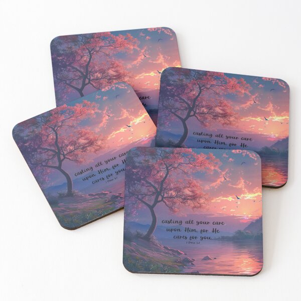 Item preview, Calming Sunset in Pinks Lake Birds Tree 1 Peter 5:7 designed and sold by Olivercat2018.