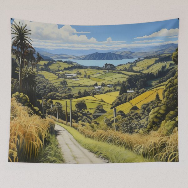 Item preview, New Zealand landscape with country road and view of the sea. designed and sold by ArtbyJanineTate.