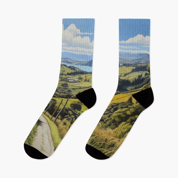 Item preview, New Zealand landscape with country road and view of the sea. designed and sold by ArtbyJanineTate.