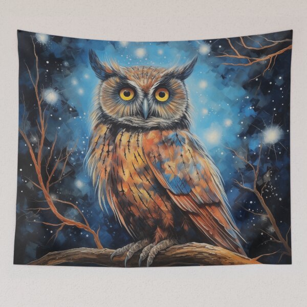 Item preview, An owl on a branch at night with twinkling stars. designed and sold by ArtbyJanineTate.