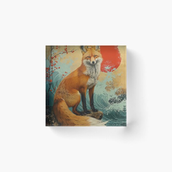 Item preview,  fox standing in turquoise water with a red sun and  designed and sold by Rockwpapart.