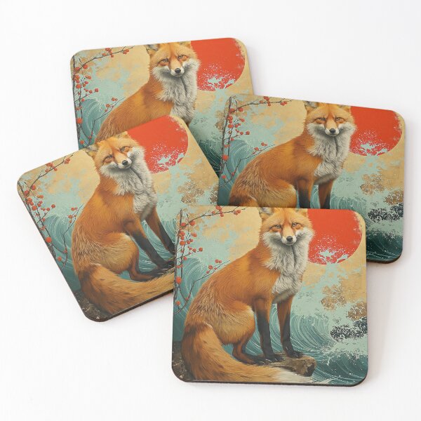 Item preview,  fox standing in turquoise water with a red sun and  designed and sold by Rockwpapart.