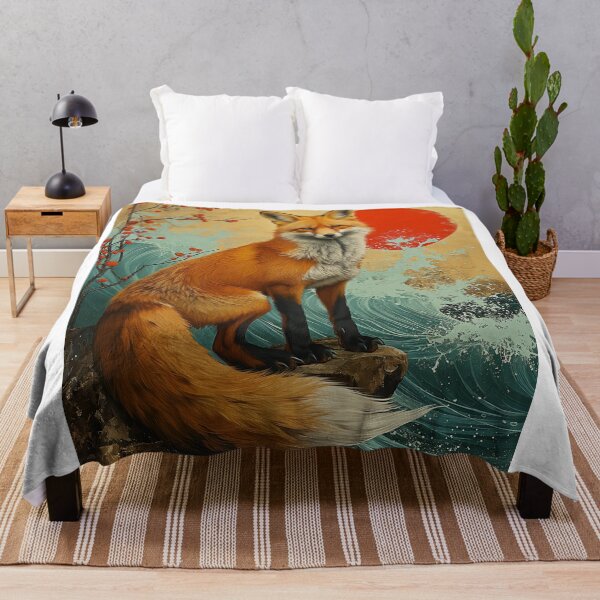 Item preview, fox standing in turquoise water with a red sun and designed and sold by Rockwpapart.