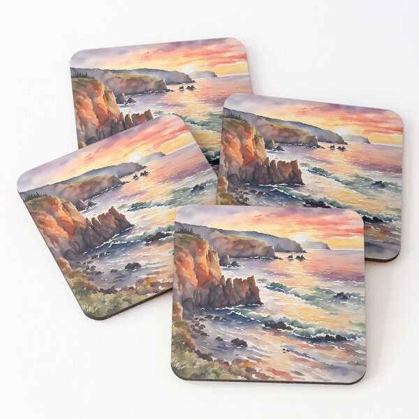 Item preview, Sunset Glow: Coastal Cliffs and Rolling Waves - Watercolor Landscape designed and sold by 5lav.