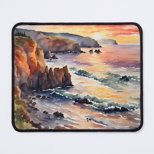 Item preview, Sunset Glow: Coastal Cliffs and Rolling Waves - Watercolor Landscape designed and sold by 5lav.