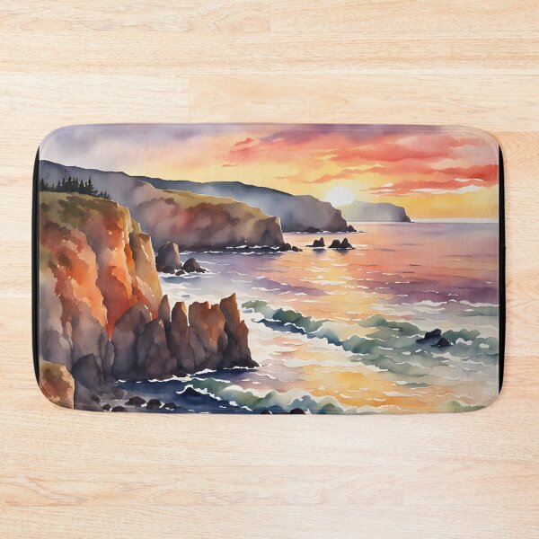 Item preview, Sunset Glow: Coastal Cliffs and Rolling Waves - Watercolor Landscape designed and sold by 5lav.