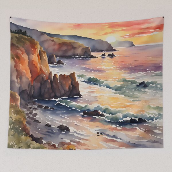 Item preview, Sunset Glow: Coastal Cliffs and Rolling Waves - Watercolor Landscape designed and sold by 5lav.