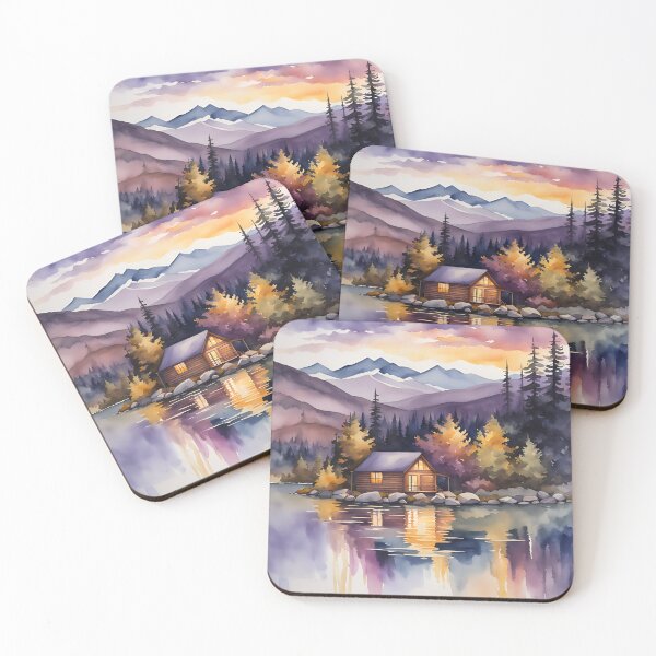 Item preview, Twilight Reflections: Lakeside Cabin and Misty Mountains - Watercolor Landscape designed and sold by 5lav.