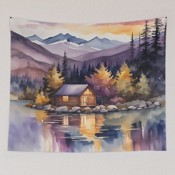 Item preview, Twilight Reflections: Lakeside Cabin and Misty Mountains - Watercolor Landscape designed and sold by 5lav.