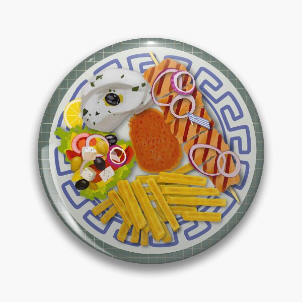 Item preview, SOUVLAKI illustration with a meat skewer, French fries, rice, zsaziki and Greek salad designed and sold by Posteria.
