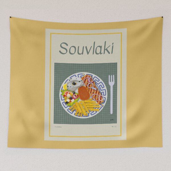 Item preview, SOUVLAKI illustration with a meat skewer, French fries, rice, zsaziki and Greek salad designed and sold by Posteria.