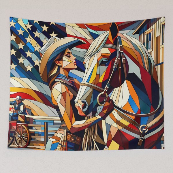 Item preview, Cowgirl with horse and flag designed and sold by Pferde-Fanshop.