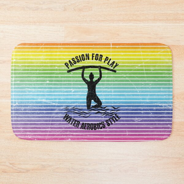 Item preview, Woman with pool noodles practicing water aerobics against the background of rainbow stripes designed and sold by HarridanCreates.