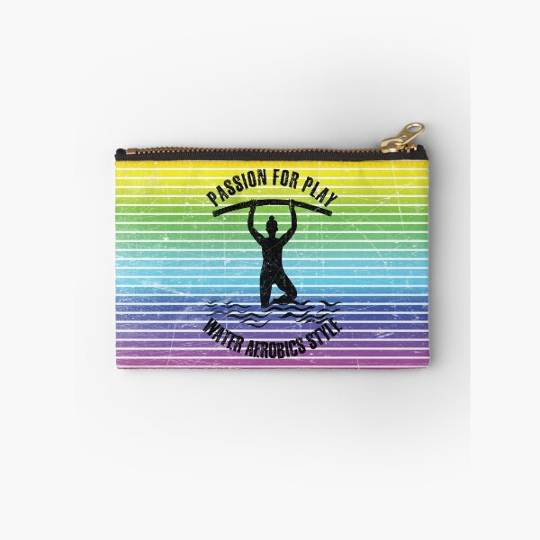 Item preview, Woman with pool noodles practicing water aerobics against the background of rainbow stripes designed and sold by HarridanCreates.