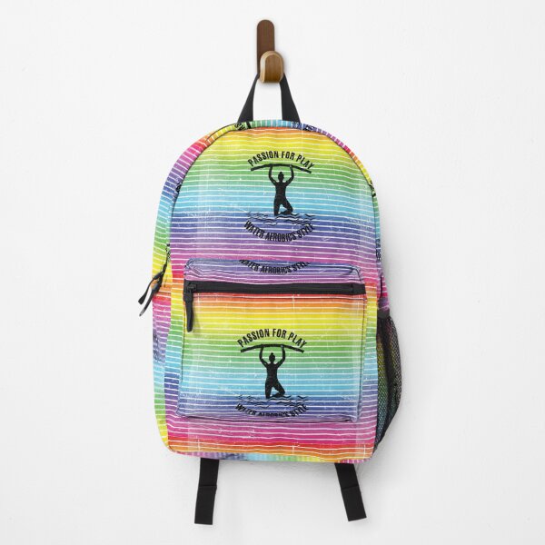 Item preview, Woman with pool noodles practicing water aerobics against the background of rainbow stripes designed and sold by HarridanCreates.