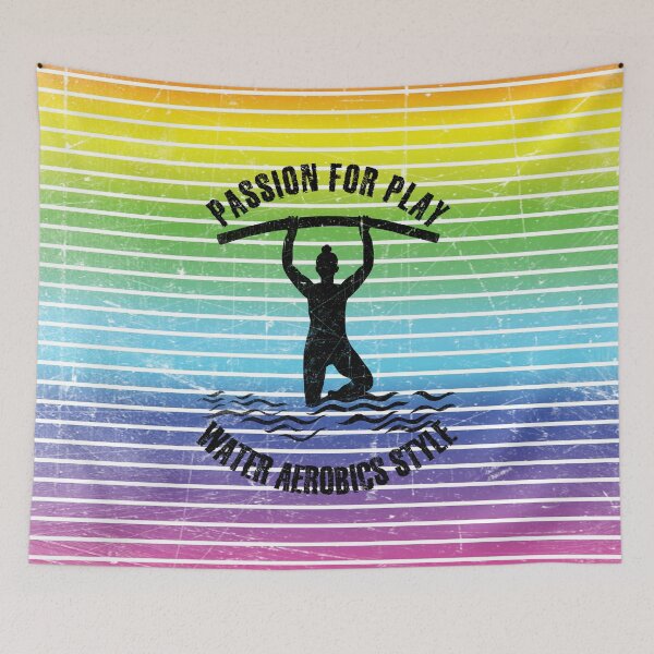 Item preview, Woman with pool noodles practicing water aerobics against the background of rainbow stripes designed and sold by HarridanCreates.