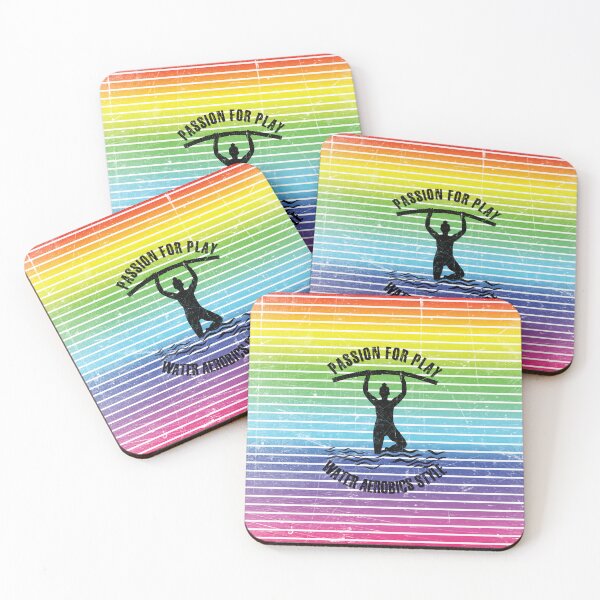 Item preview, Woman with pool noodles practicing water aerobics against the background of rainbow stripes designed and sold by HarridanCreates.