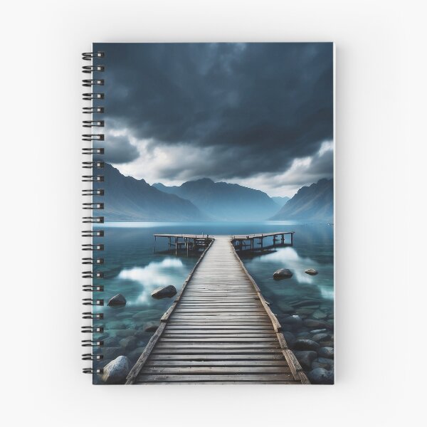 Item preview, Beautiful landscape with high mountain peaks next to a lake, a long pier in the water. Dark mode colors.  designed and sold by digoarpi.
