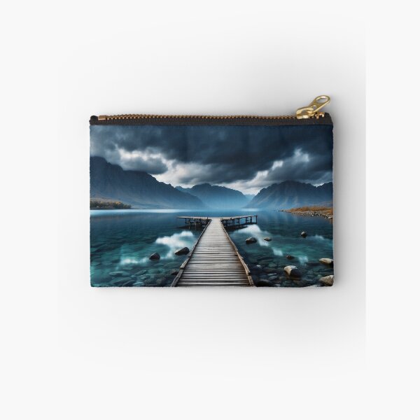 Item preview, Beautiful landscape with high mountain peaks next to a lake, a long pier in the water. Dark mode colors.  designed and sold by digoarpi.