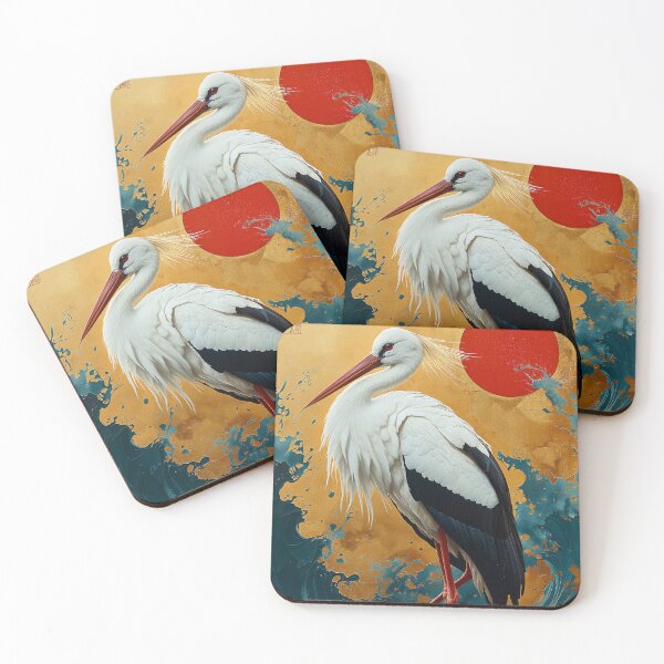 Item preview, Stork standing In turquoise water with red sun designed and sold by Rockwpapart.