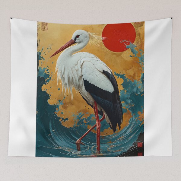 Item preview, Stork standing In turquoise water with red sun designed and sold by Rockwpapart.