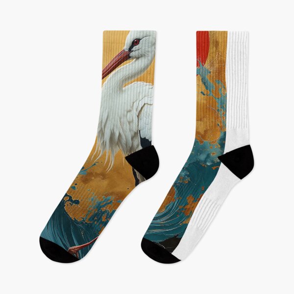 Item preview, Stork standing In turquoise water with red sun designed and sold by Rockwpapart.