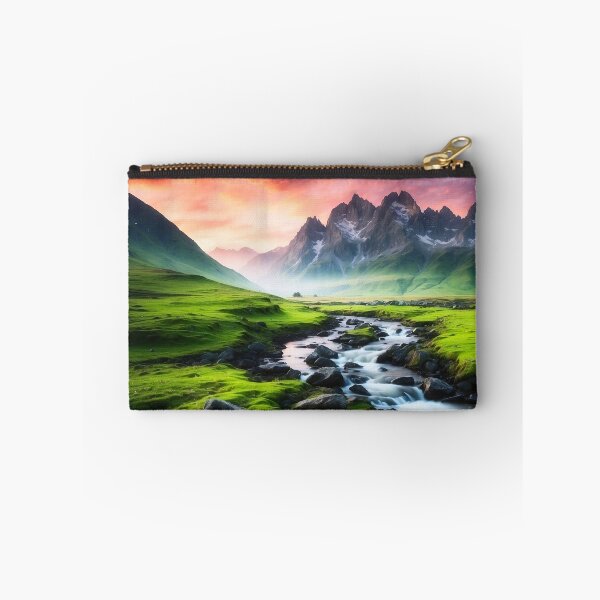 Item preview,  Beautiful sunset landscape with high mountain peaks next to a small river. Dark mode colors.  designed and sold by digoarpi.