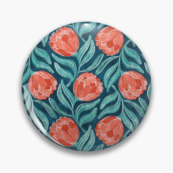 Item preview, Coral Red Proteas on Blue Multidirectional Block Print Pattern designed and sold by micklyn.