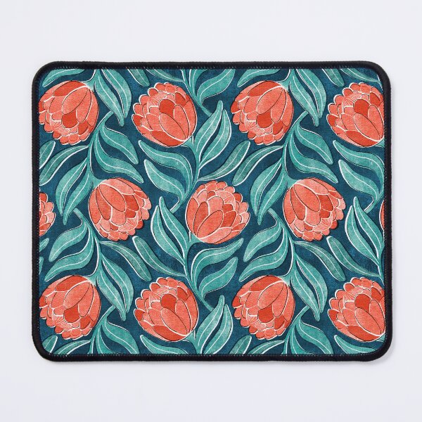 Item preview, Coral Red Proteas on Blue Multidirectional Block Print Pattern designed and sold by micklyn.