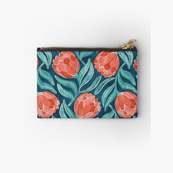 Item preview, Coral Red Proteas on Blue Multidirectional Block Print Pattern designed and sold by micklyn.