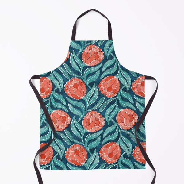 Item preview, Coral Red Proteas on Blue Multidirectional Block Print Pattern designed and sold by micklyn.
