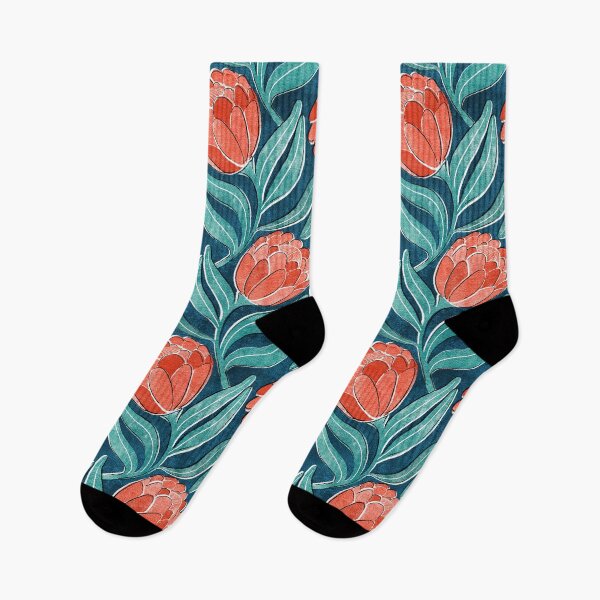 Item preview, Coral Red Proteas on Blue Multidirectional Block Print Pattern designed and sold by micklyn.