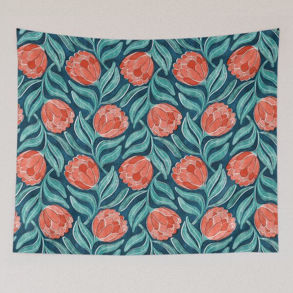 Item preview, Coral Red Proteas on Blue Multidirectional Block Print Pattern designed and sold by micklyn.