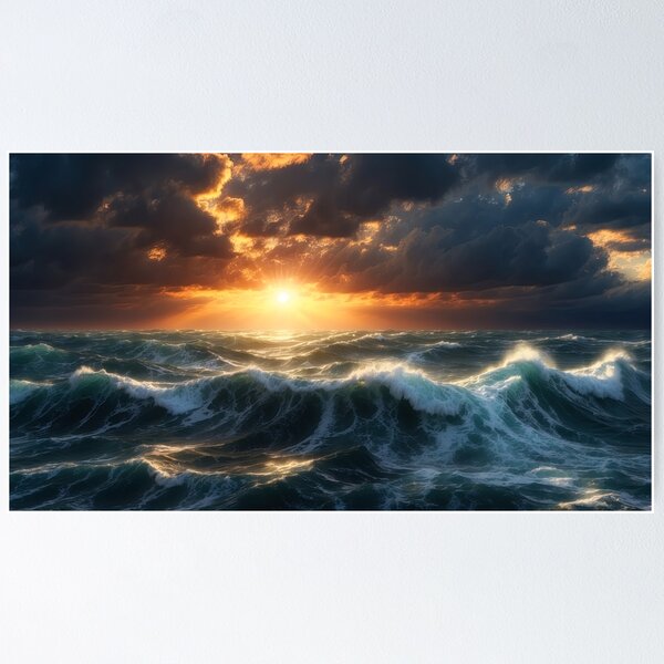 Item preview, Stormy sea at night. Heavy sea. Sunset lights.A strong storm with big waves in the ocean. Night thunderstorm. Dark mode colors.  designed and sold by digoarpi.