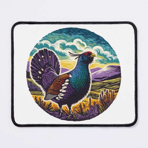 Item preview, Lino Cut Print Of Capercaillie With Hills Behind designed and sold by EdgyEdgeArt.