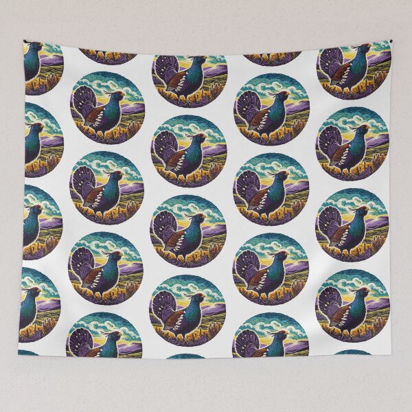 Item preview, Lino Cut Print Of Capercaillie With Hills Behind designed and sold by EdgyEdgeArt.
