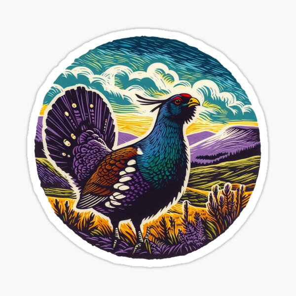 Item preview, Lino Cut Print Of Capercaillie With Hills Behind designed and sold by EdgyEdgeArt.